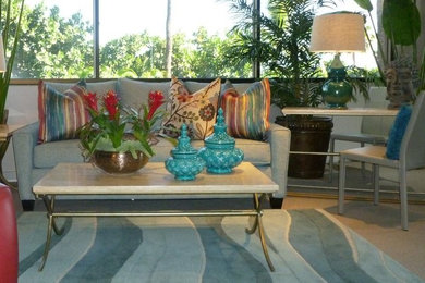 Mid-sized island style carpeted and beige floor living room photo in Hawaii