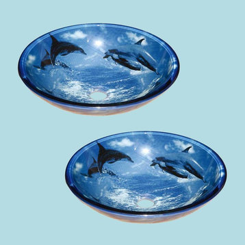 Tempered Glass Vessel Sinks with Drain, Dolphin Design Blue Bowl Sinks Set of 2