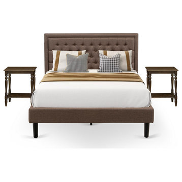 3-Piece Queen Bed Set, Queen Platform Bed Frame Brown Padded, 2 Small Nightstand