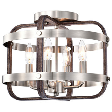 2032/4 Kasia 14" 4-Light Indoor Satin Silver and Faux Wood Grain Flush Mount