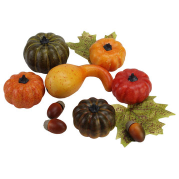Set of 10 Autumn Harvest Artificial Pumpkin, Gourd, Acorn & Leaf Decoration Set
