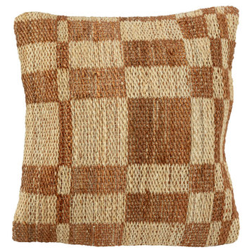 20" Square Woven Jute, Cotton Pillow, Square Pattern, Brown, Natural