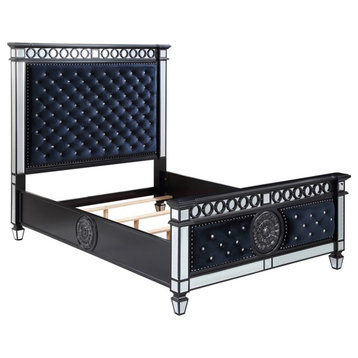 Bowery Hill Traditional Queen Bed in Dark Navy Velvet and Black and Silver