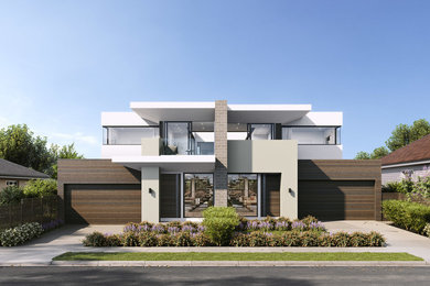 Inspiration for a mid-sized modern two-storey white duplex exterior in Melbourne with concrete fiberboard siding, a flat roof and a metal roof.