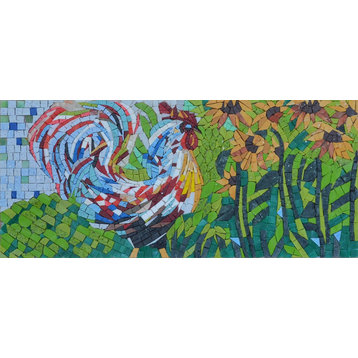 Mosaic Wall Art, Rooster and Sunflowers, 30"x14"