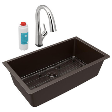 Quartz Classic 33" Single Bowl Undermount Sink Kit With Filtered Faucet, Mocha