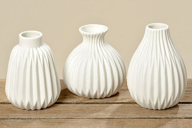 Trio Of White Ridged Bud Vases