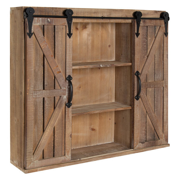 Kate & Laurel Cates Rustic Wood Wall Cabinet w/ Sliding Barn Doors, Br
