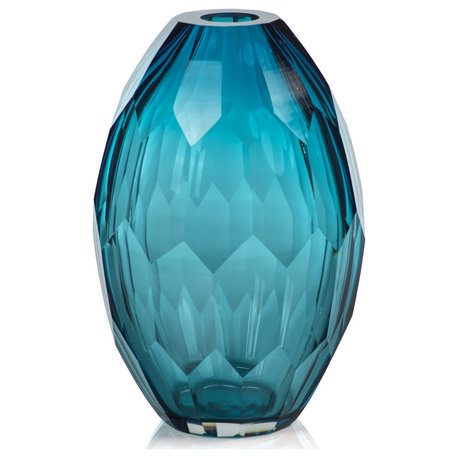 Nixie Hand Cut Blue Glass Vase, 6.25"x6.25"x9.25"