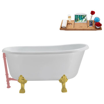 57'' Streamline N374GLD-PNK Soaking Clawfoot Tub and Tray with External Drain