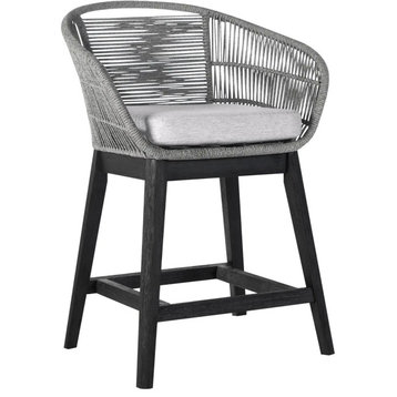Outdoor Counter Stool, Black Brushed Wood  Base & Curved Grey Rope Seat