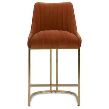 Modern Counter Stool, Brass Base & Ribbed Velvet Upholstered Seat, Burnt Orange
