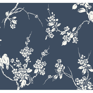 York Wallcoverings SS2592 Silhouettes Imperial Blossoms Branch Wallpaper Navy