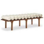 Meridian Furniture - Landon Faux Leather Bench, Cream, Walnut Finish - Outfit your foyer, bedroom, dressing room or other area of the home with this handsome cream Landon vegan leather bench. A rolled vegan leather seat upholstered in cream vegan leather gives this uniquely designed bench the luxe look of leather without the maintenance requirements. Built to last, this art-deco-inspired bench has a solid oak base finished in sleek walnut for a beautiful, resort feel in whatever room you wish to use it in.