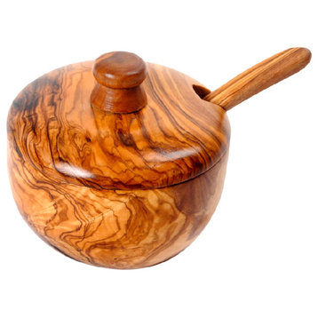 Handmade Olive Wood Sugar Bowl with Coffee Spoon