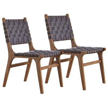 Set of 2 Dining Chair, Rubberwood Frame With Faux Leather Woven Seat, Dark Grey