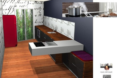 Foto de cocina lineal moderna con fregadero integrado, armarios abiertos, puertas de armario negras, electrodomésticos de acero inoxidable y península