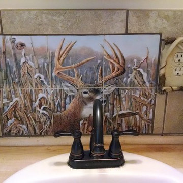 Deer Decorative Tiles in Rustic Cabin Bathroom Tile Backsplash