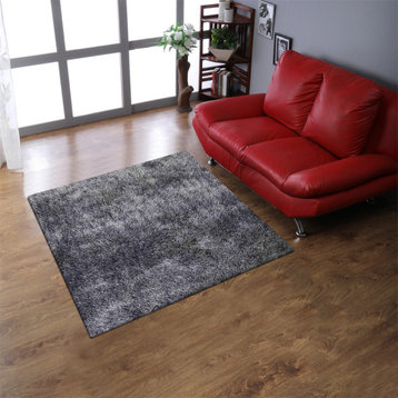 Rugsotic Carpets Hand Tufted Shag Polyester Area Rug Solid Grey White, [Square] 6'x6'