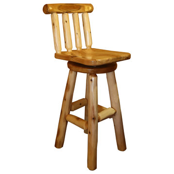 White Cedar Log Swivel Stool With Back, Counter Height