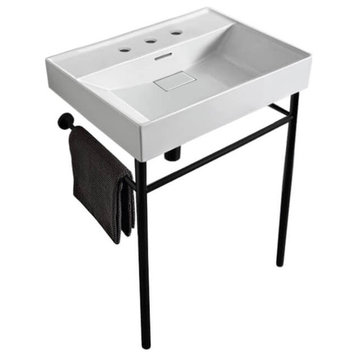 Rectangular White Ceramic Console Sink and Matte Black Stand, Three Hole