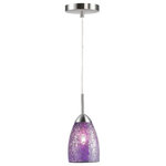 Woodbridge Lighting - Venezia Mini Pendant, Satin Nickel, Mosaic Purple, 1-Light, 4"D - The Venezia collection is a series of hanging lights featuring uniquely colored designer glass. With many color options to choose from, this transitional design can blend in many rooms with different colors and themes.