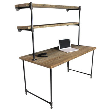 Reclaimed Wood Desk, 2 Shelves, Wall Attach, Raw, 84"x36"