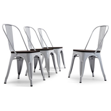 Wood Seat Metal Dining Chairs, Set of 4, Silver