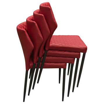 4-Pack Dining Chairs in Red Diamond Tufted Leatherette, Black Powder Coat Legs