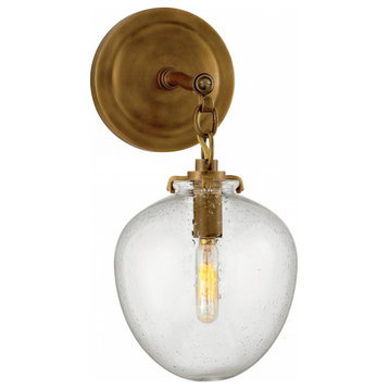 Bathroom Wall Sconce, 1-Light Acorn, Hand-Rubbed  Brass, Seeded Glass, 13.5"H