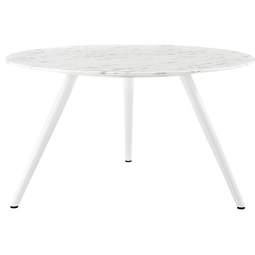 Contemporary Dining Table, Angled Metal Legs With Round Faux Marble Top, White