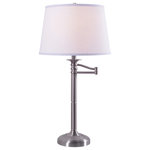 Kenroy Home - Riverside Swing Arm Table Lamp, Brushed Steel, Casual, 29" Height, 21" Width - Relax and unwind in bed with a good novel this classic transitional lamp's swing arm allows you to control the placement of the lighting element to give you excellent task lighting and soft illumination. The traditional reeded candlestick base is brought up to date by a crisp white tapered drum shade and a brushed steel finish for a piece that's truly transitional. works with Amazon Alexa compatible smart plugs for on/off voice activated operation. (Amazon Alexa and smart plugs sold separately) Equally at home on top of Mid-Century Modern end tables and traditional nightstands, this table lamp will bring just the right amount of industrial charm to your home decor.. 1-150 3-Way Bulb, 3-Way Socket Switch. Requires 1: 150 Watt Bulb (Bulbs Not Included). UL Listed