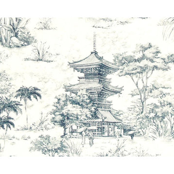 Blue Pagoda Toile Fabric Mid Century Asian Tea House Material, Sample Cut- 4" X 6"