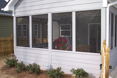 Mid-sized white one-story wood exterior home photo in Atlanta