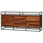 Design Tree Home - Hudson Shadow Box Sideboard - Reclaimed acacia wood sets an intriguing textural backdrop for prized possessions. Low styling lends a fresh feel to stainless steel framing and clear glass top for a new spin on the traditional shadowbox. Includes four soft-close drawers for added storage.
