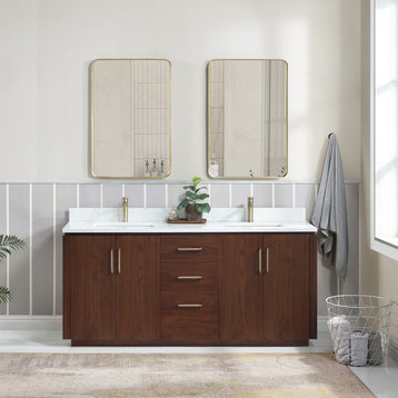 San Bath Vanity with Stone Top, Natural Walnut, 72", Double Vanity, With Mirror