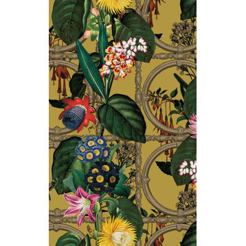 Flowers and Leaves Floral Wallpaper, 57Sq.ft Double Roll, Orchre, Double Roll