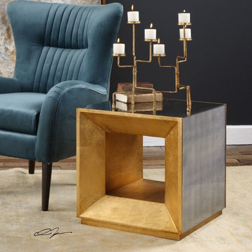 Gold Metallic Mirrored Bunching Cube Table, End Accent Square Open Modern