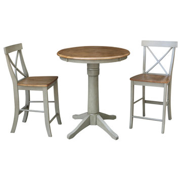 30" Round Pedestal Gathering Height Table With Counter Height Stools, Distressed Hickory/Stone