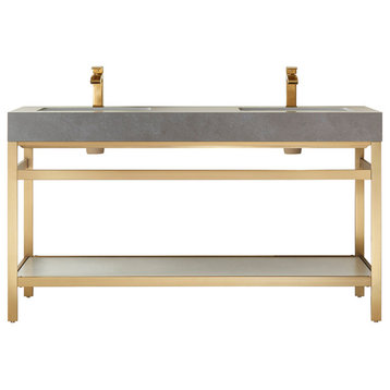 Funes Bath Vanity without Mirror, Brushed Gold Support, 60" Double Sink, Grey Stone Top
