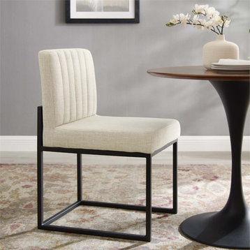 Modway Carriage 19" Channel Tufted Sled Base Fabric Dining Chair in Black/Beige