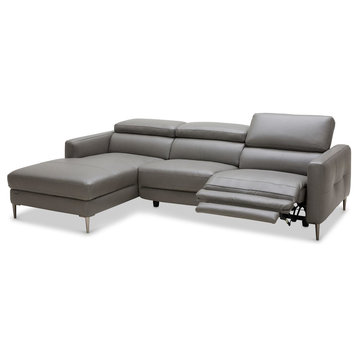 Modern Slate Leather Reno Sectional With Power Recliner Seat, Left Chaise