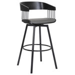 Armen Living - Athena 27" Swivel Black Wood Counter Stool in Gray Faux Leather with Black Metal, 31 - Bring sophisticated style and comfort to your home with our Athena Upholstered Swivel Bar or Counter Stool. With bentwood construction, our bar stool features a stunningly streamlined and striking barrel back. Its sleek and eye-catching curves are complemented by an airy metallic frame and splayed legs for a stunning visual impact. An enveloping silhouette and padded seat promise a comfortable sit in a kitchen or lounge. Our barstool is available in both faux leather and high-performance fabric to best suit the daily wear and tear of your home. Expertly crafted from metal and engineered wood, the counter stool shows off a mixed material elegance to work well anywhere from your kitchen to a home office. It can complement a kitchen island, pub table, home bar, or adjustable desk, bringing a dose of style and comfort. Our modern bar stool comes with a wonderful 360-degree swivel with a smooth gliding system, allowing you to join conversations around the counter or work with ease and efficiency. The Athena swivel bar or counter stool easily incorporates into any home and is available in your choice of 27-inch or 31-inch seat height in a walnut wood finish with black, cream, and gray faux leather upholstery or a black wood finish with your choice of light gray or blue fabric or gray faux leather upholstery.