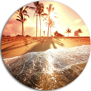 Colorful Tropical Beach With Palms, Beach Large Disc Metal Artwork, 23"
