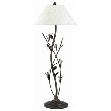 Benzara BM223583 Pine Twig Accent Metal Floor Lamp, Conical Shade, Bronze/White