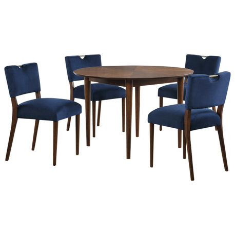 Bonito 5-Piece 47-in. Round Dining Set, Walnut Finish, Blue Velvet