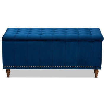 Classic Storage Ottoman, Turned Legs With Velvet Seat & Silver Nailhead, Blue