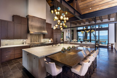 Inspiration for a contemporary u-shaped kitchen remodel in Other with raised-panel cabinets, dark wood cabinets and an island