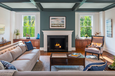 Living room - large traditional open concept dark wood floor and brown floor living room idea in DC Metro with green walls, a standard fireplace and a stone fireplace