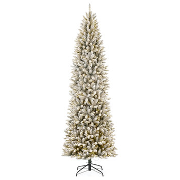 9ft Pre-Lit Flocked Pencil Fir Artificial Christmas Tree With 600 Warm Light
